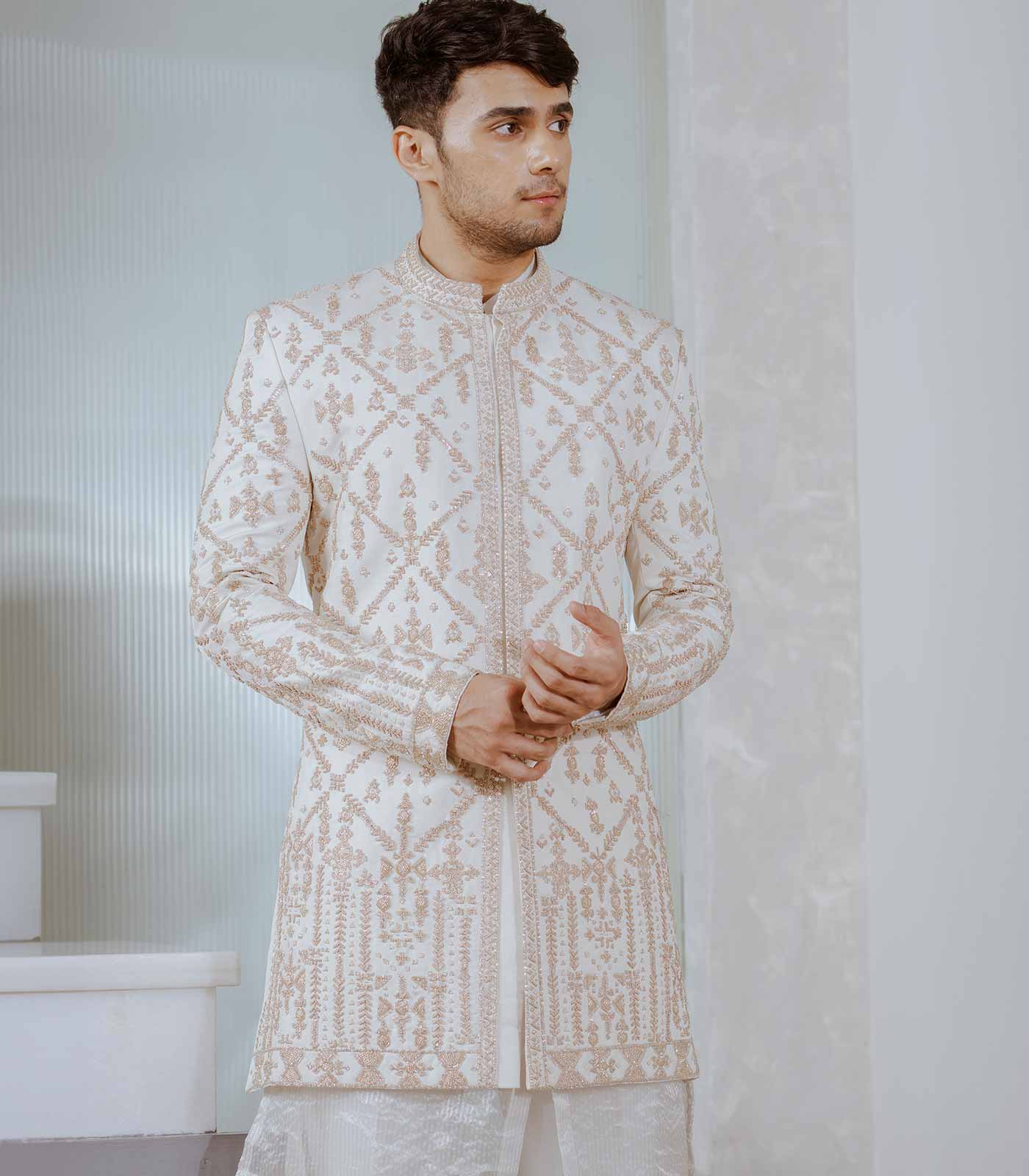 Pearl White Interlock Sherwani Set