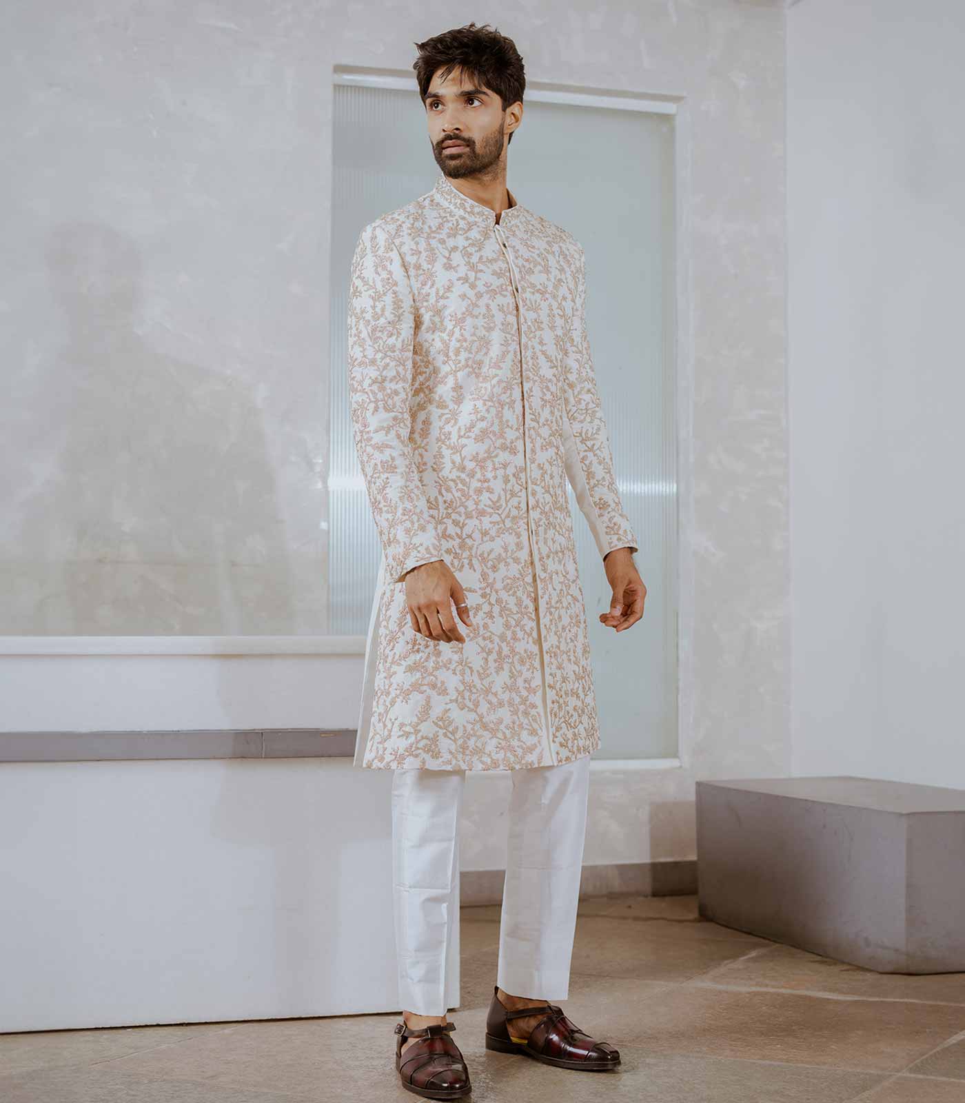 Pearl White Embroidered Sherwani Set