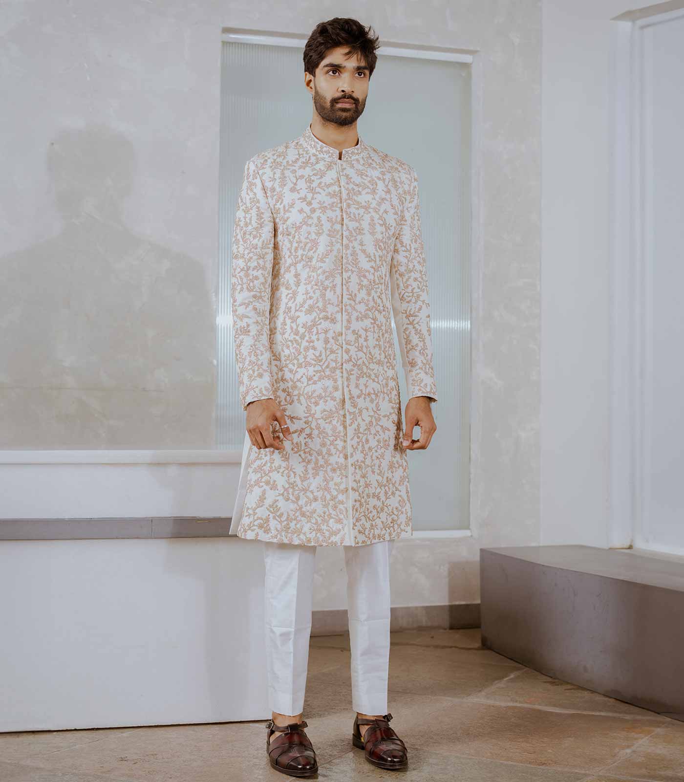 Pearl White Embroidered Sherwani Set