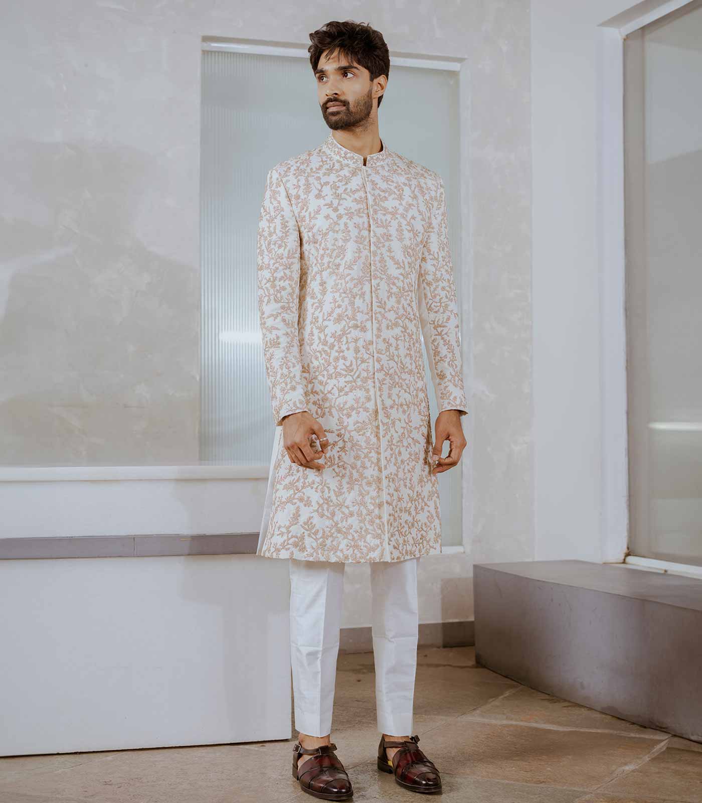 Pearl White Embroidered Sherwani Set