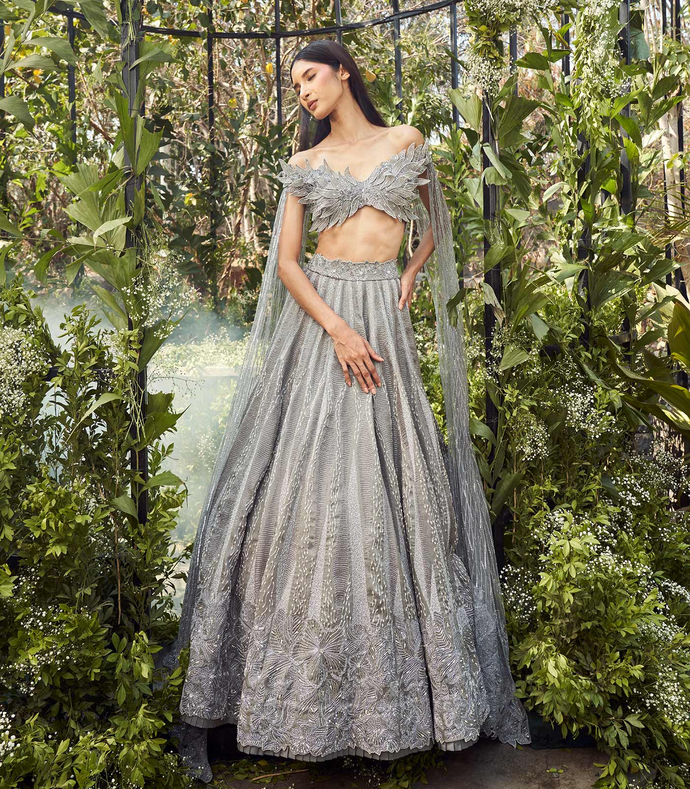 Grey geo-floral lehenga