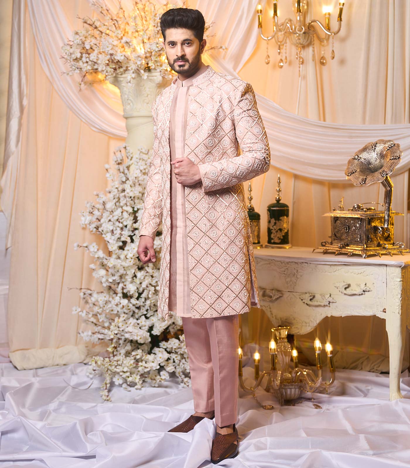 Salmon Nude Sherwani set