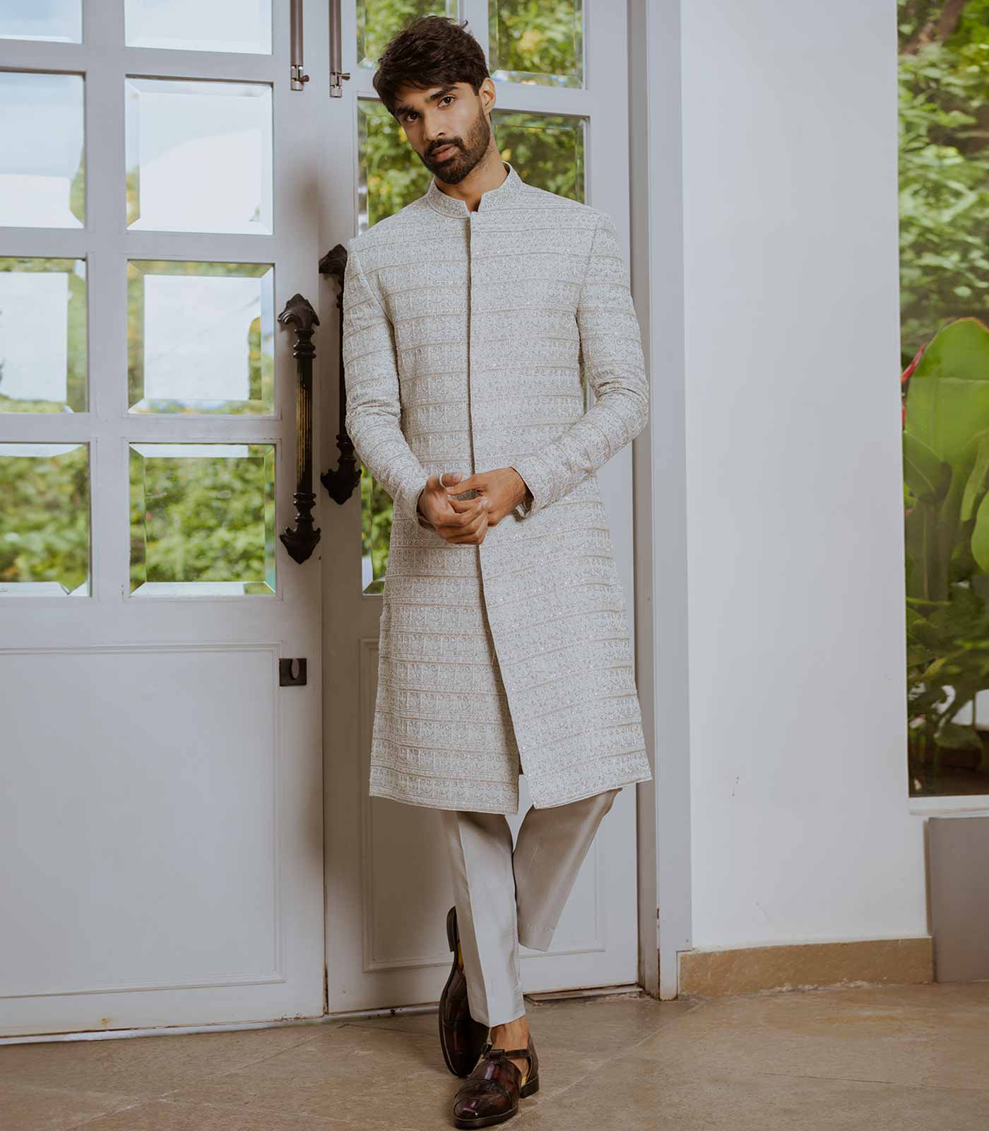 Pearl Grey Deco Sherwani set