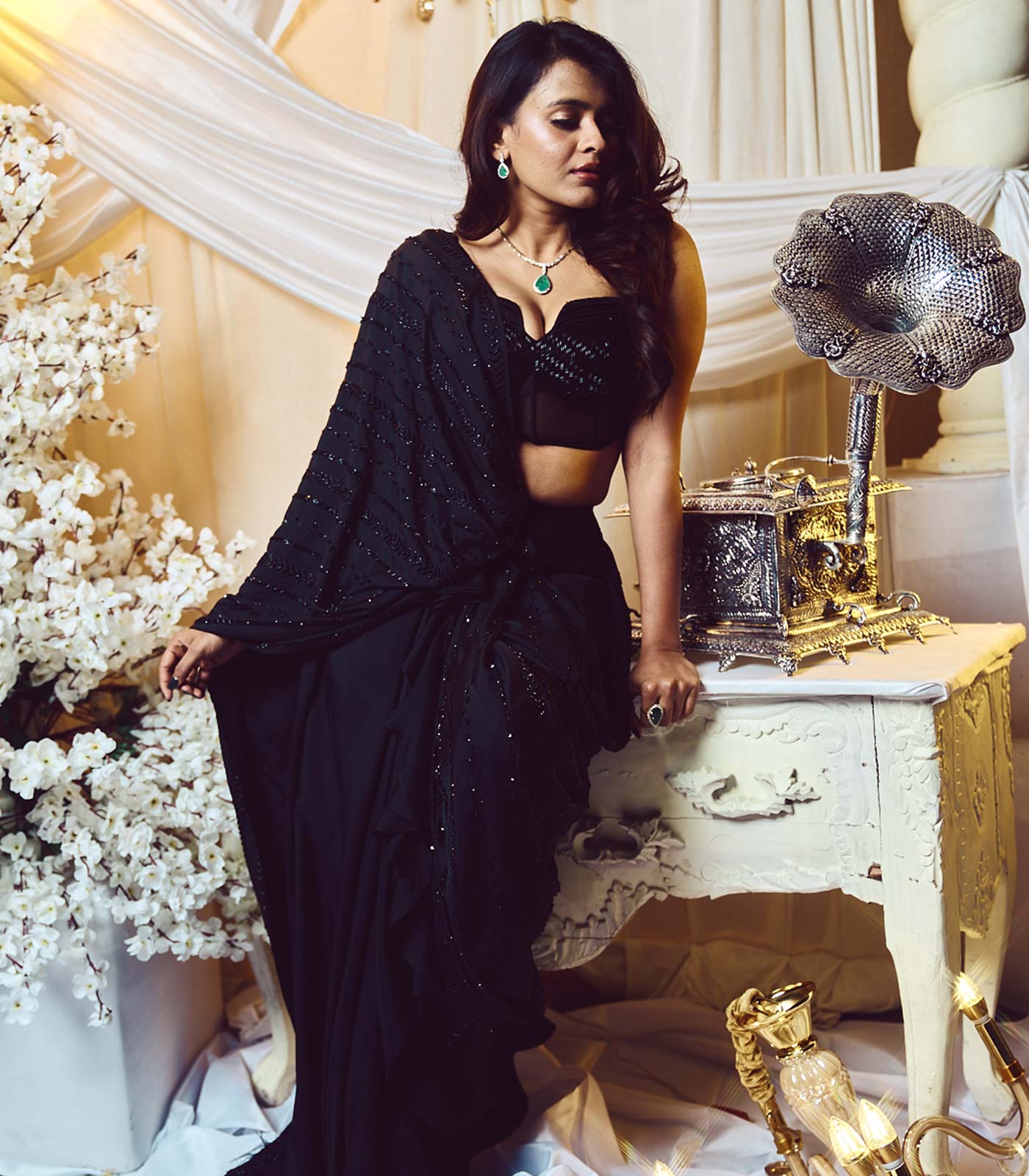 Jade black Pre drape Saree set