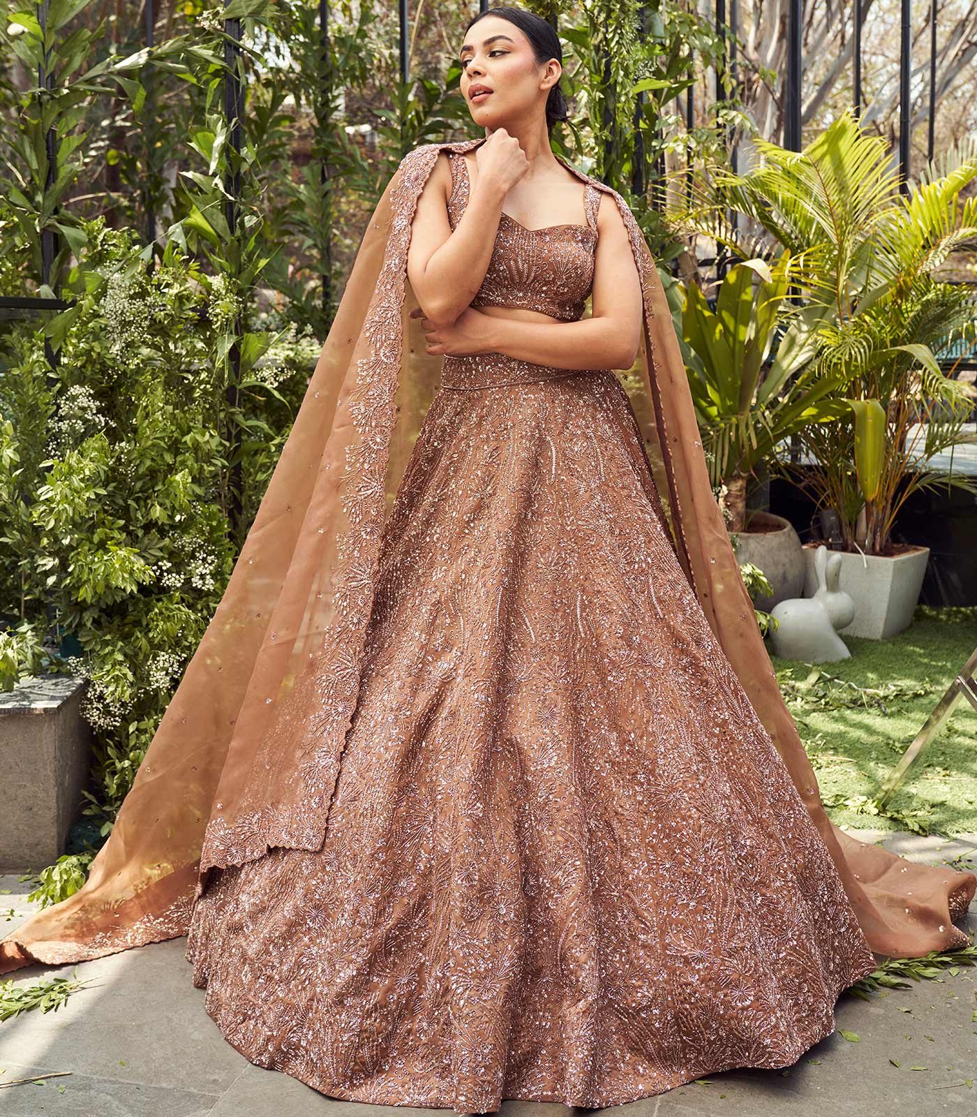 Copper brown geometric lehenga