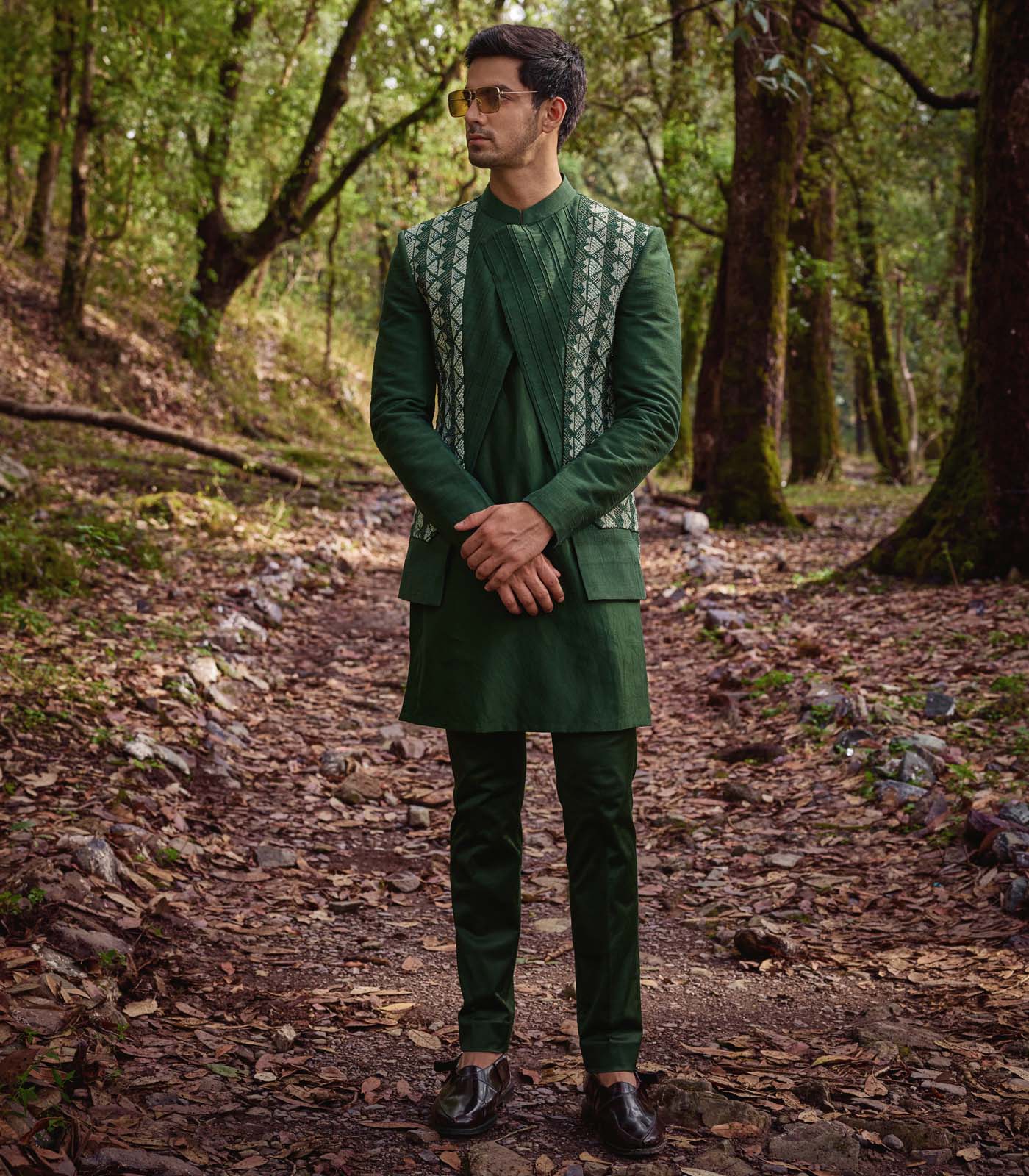 Olive Green Open Jacket Set