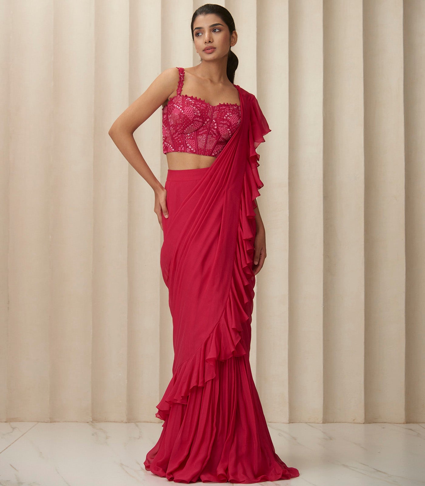 Hot pink helix ruffle saree set