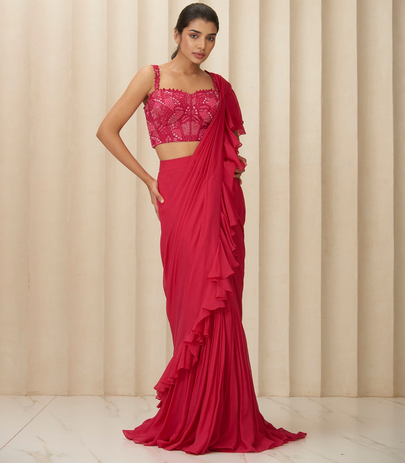Hot pink helix ruffle saree set
