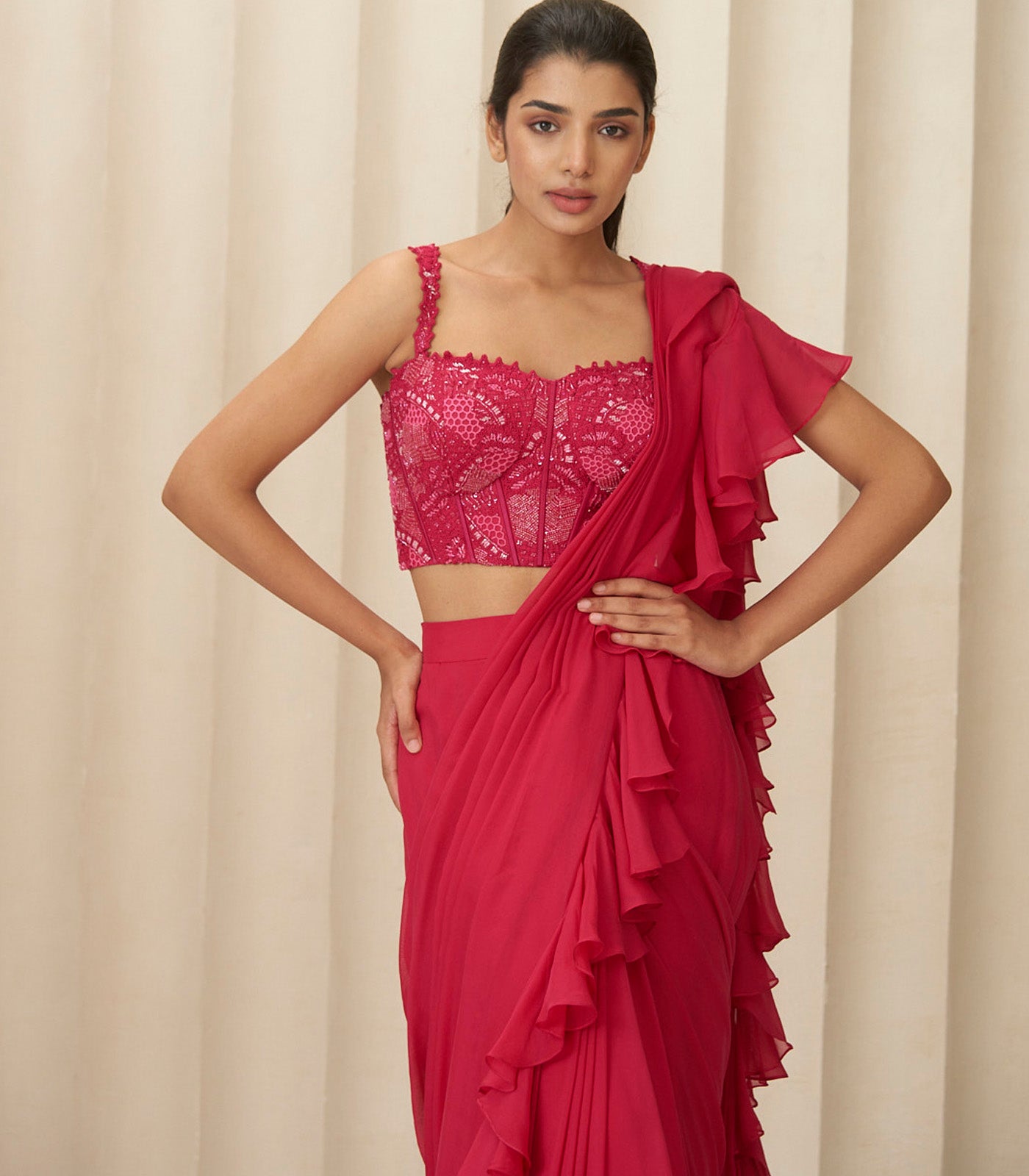 Hot pink helix ruffle saree set