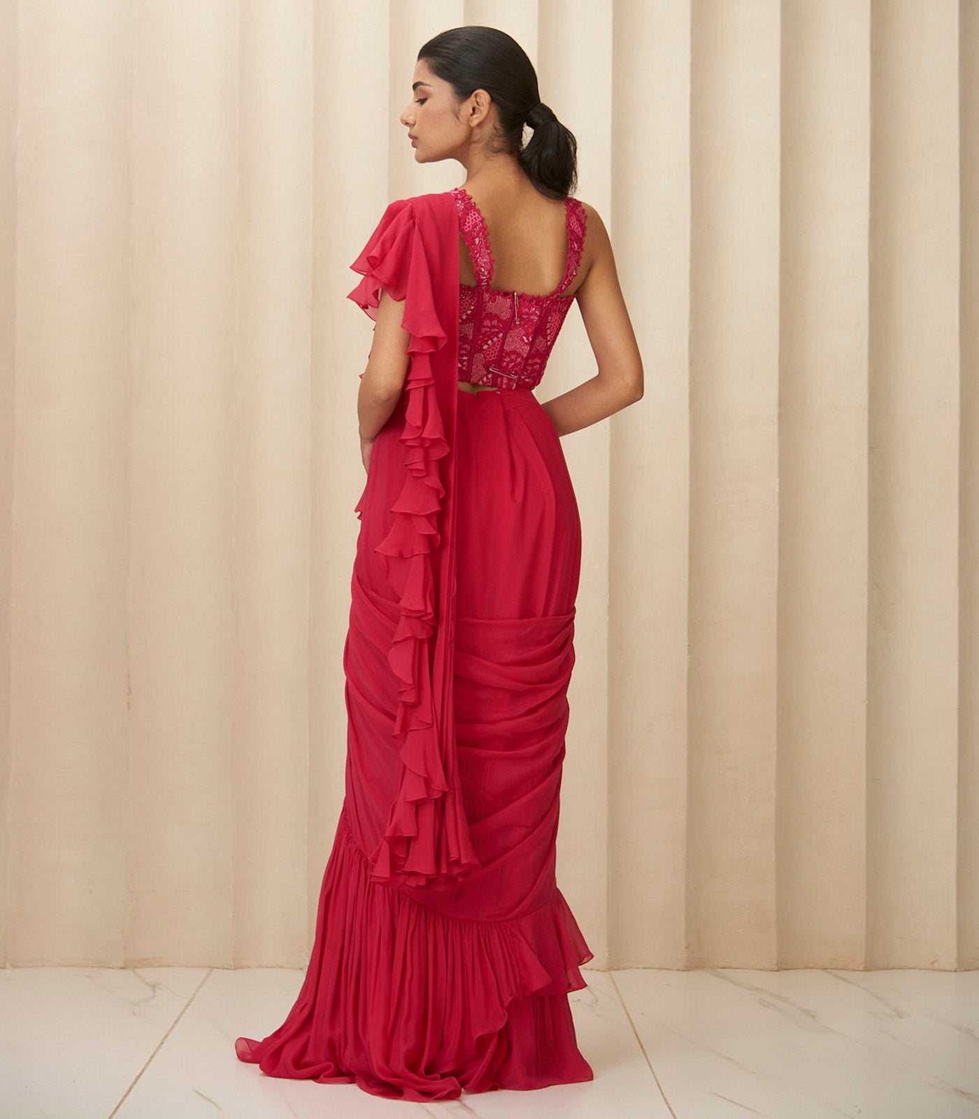 Hot pink helix ruffle saree set