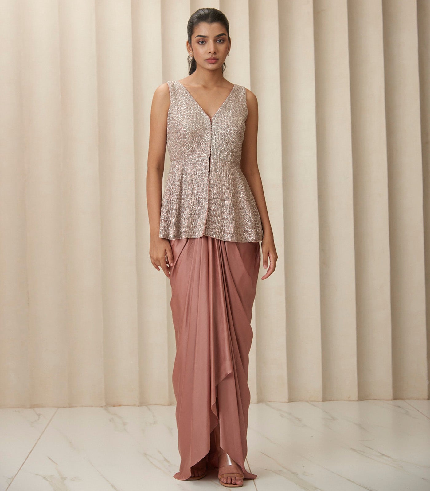Metallic bronze peplum drape skirt