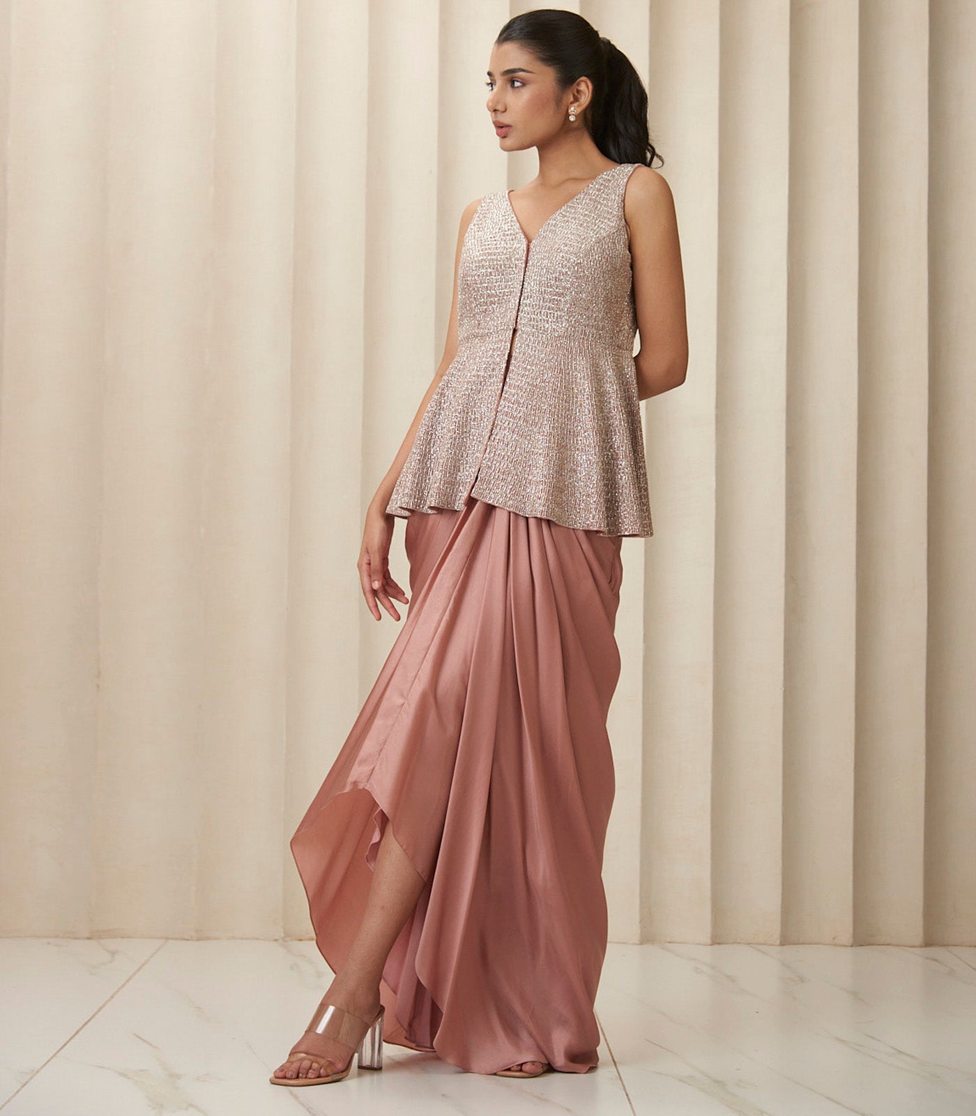 Metallic bronze peplum drape skirt