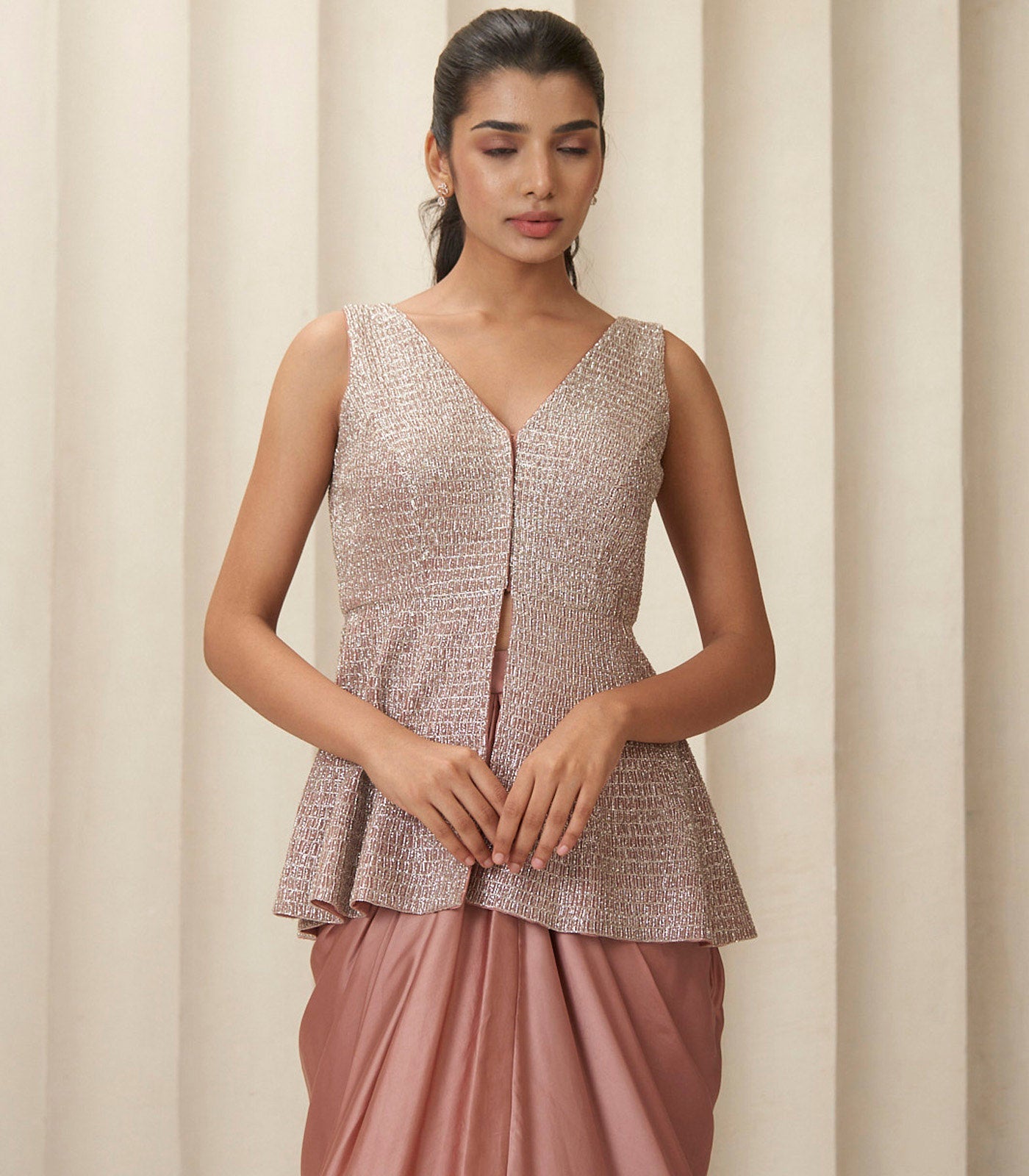 Metallic bronze peplum drape skirt