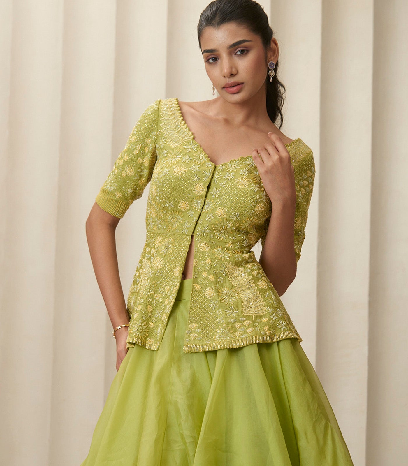 Moss green peplum cascading skirt