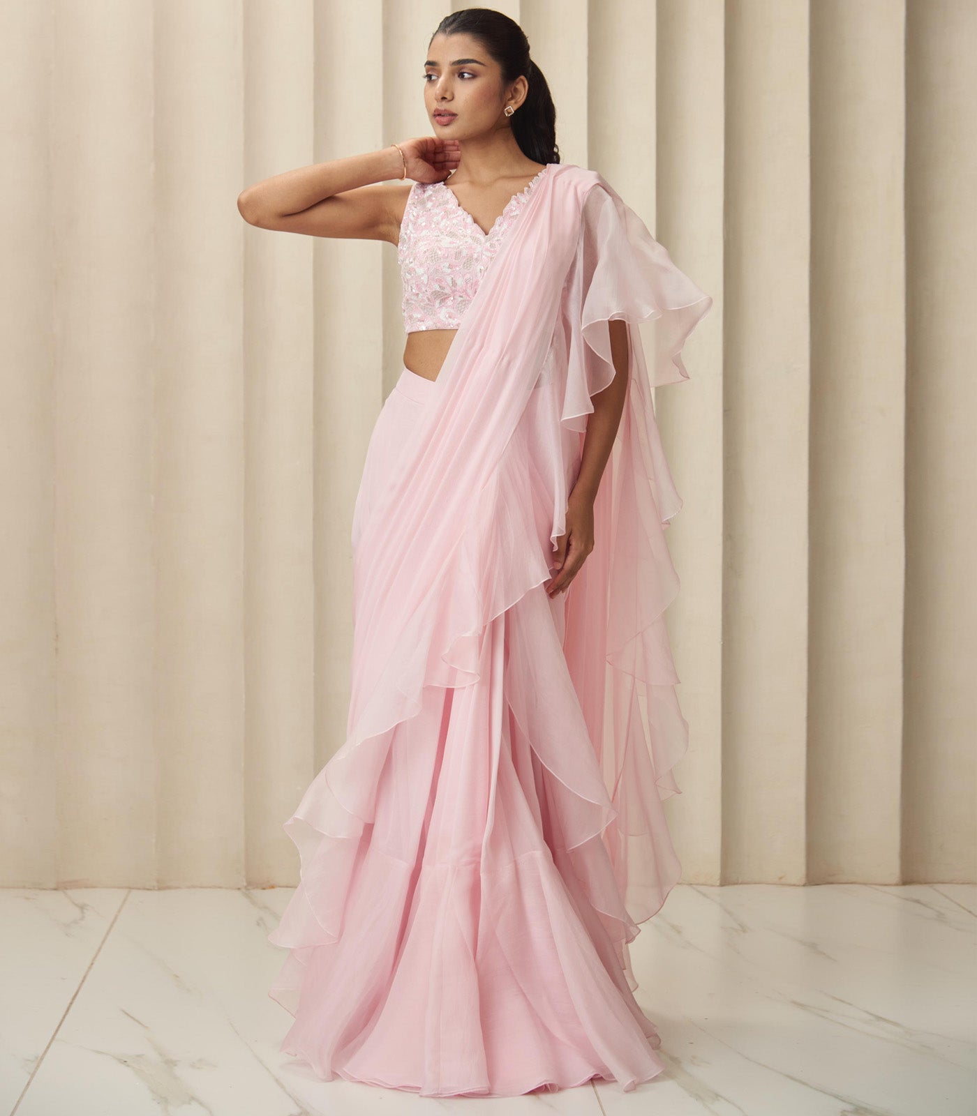 Pink aura ruffle saree set
