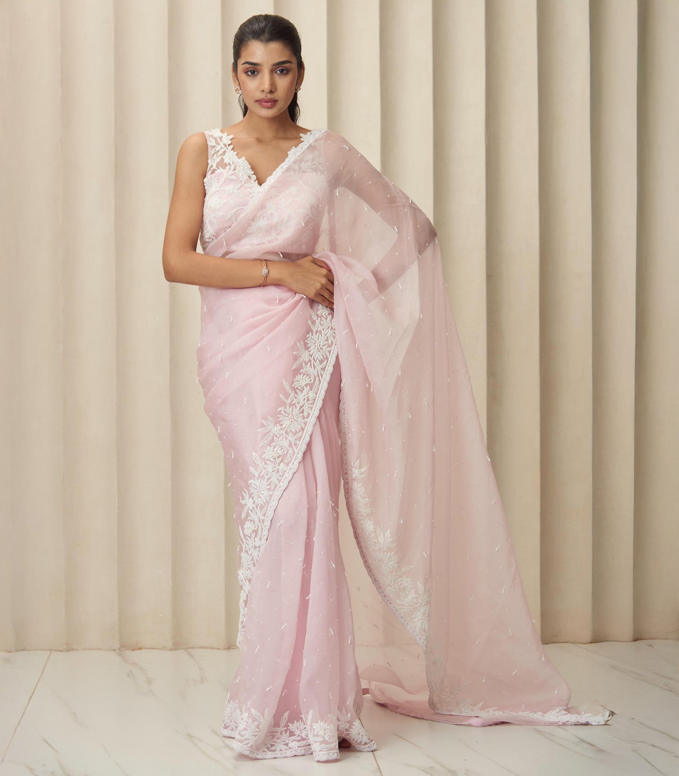 Pink pearl saree set