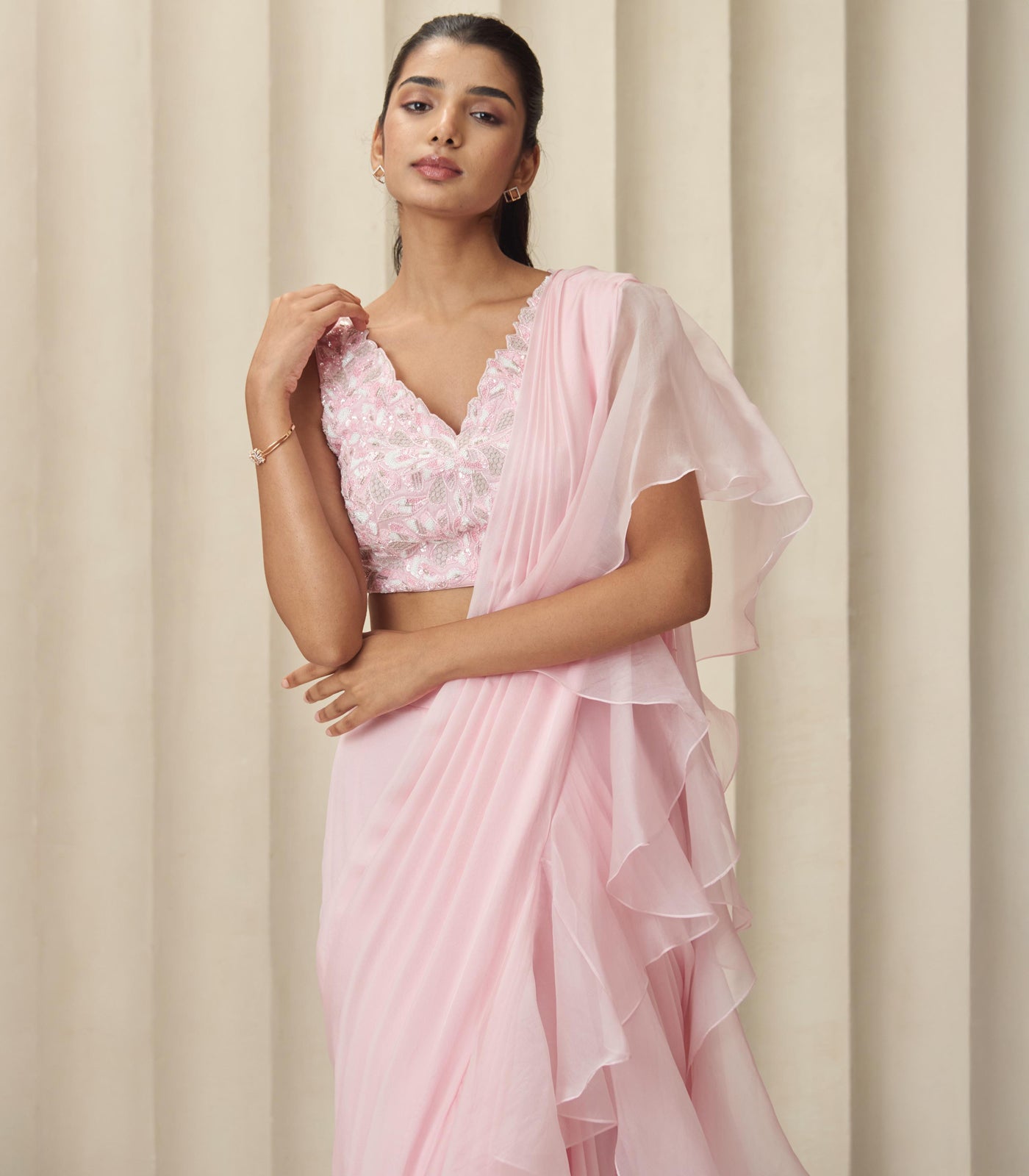 Pink aura ruffle saree set