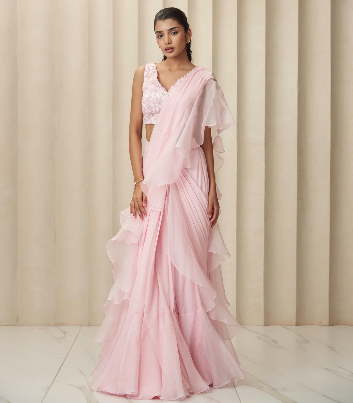 Pink aura ruffle saree set